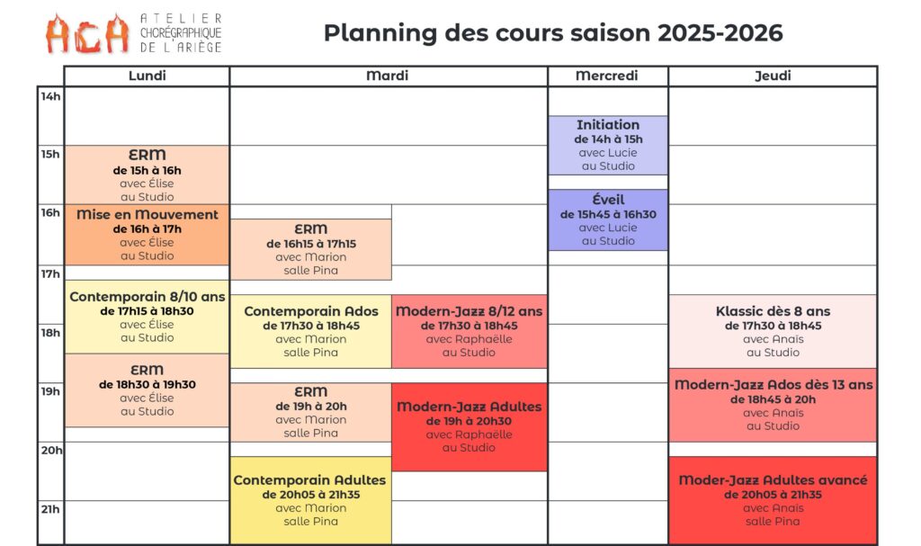 ACA-Planning des cours pour la saison 2025-2026